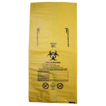 Saci galbeni pericol biologic 60L (600x700x0.05 mm) BIOHAZARD ADR, 50 microni, 50 bucati - saci deseuri medicale certificati