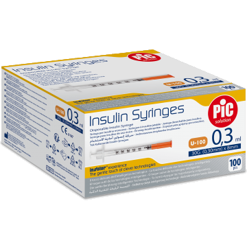 Seringi de insulină Pic Solution, seringă de insulină de 0,3 ml cu ac 31G (0,25 mm) x 8 mm, 100 bucăți