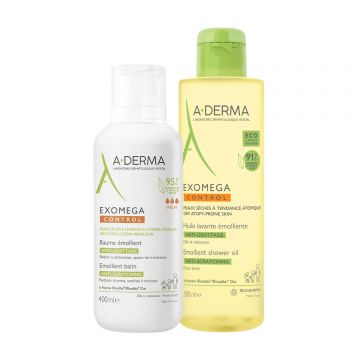 Set A-Derma Exomega Control, loțiune emolientă, piele uscată și predispusă la atopie, din ziua 1, 400 ml + ulei de duș emolient, piele uscată și predispusă la atopie, 500 ml