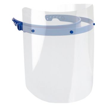 Viziera de protectie fata transparenta, 28×20 cm, cu rama albastra si reglare elastica, scut policarbonat anti-aburire