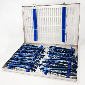 Set 12 clesti extractie din titan plus cutie de sterilizare albastri