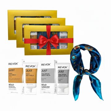 3 x Set Elysa – Ser Revox Hyaluronic Acid 3% 30ml, Crema SPF50 Revox 30ml, Esarfa albastra