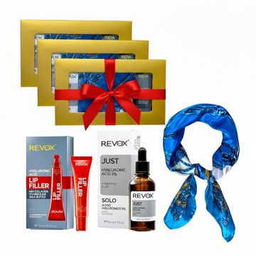 3 x Set Elysa – Ser Revox Hyaluronic Acid 5% 30ml, Lip Filler Revox 12ml, Esarfa albastra