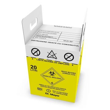 Cutie din carton pentru deșeuri medicale infecțioase, cu sac inclus, 20 L
