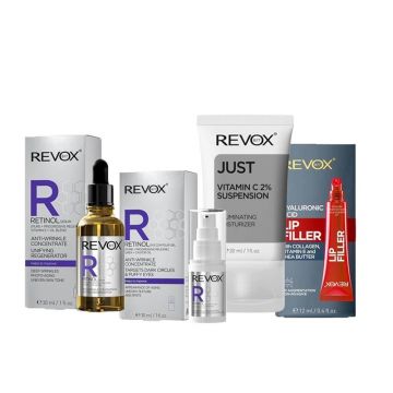 Pachet Anti-age buze si ten Revox: Retinol Serum 30 ml + Gel contur ochi Retinol 30 ml + Crema Vitamina C 2% 30 ml + Lip Filler 12 ml
