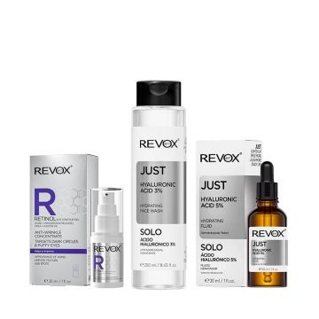 Pachet pentru hidratare Revox - Gel ochi Retinol 30 ml + Face Wash HA 3% 250 ml + Fluid HA 5% 30 ml