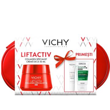 Pachet Vichy, Crema de zi Liftactiv Collagen Specialist 16, 50 ml, Fluid cu SPF 50+ Capital Soleil, 15 ml, Sampon anti-matreata Dercos, 50 ml