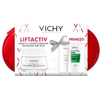 Pachet Vichy, Crema de zi Liftactiv Hyaluronic Specialist H.A, 50 ml, Fluid cu SPF 50+ Capital Soleil, 15 ml, Sampon anti-matreata Dercos, 50 ml