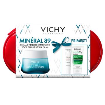Pachet Vichy Crema pentru toate tipurile de ten Mineral 89, 50 ml, Fluid cu SPF 50+ Capital Soleil, 15 ml, Sampon anti-matreata Dercos, 50 ml