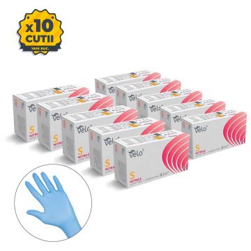 Set 10 cutii manusi unica folosinta, Velo, Nitril, Albastru, 100 buc/cutie (1 bax)