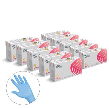 Set 10 cutii manusi unica folosinta, Velo, Nitril, Albastru, 100 buc/cutie (1 bax)