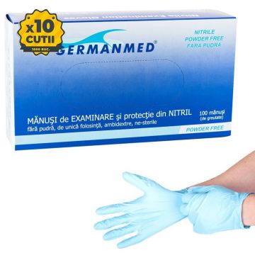Bax manusi nitril unica folosinta Germanmed, albastre, nepudrate, 1000 buc marimi XS, S, M, L, XL