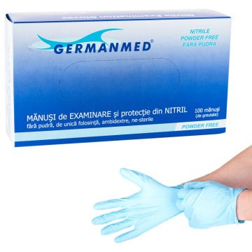 Manusi nitril unica folosinta Germanmed, albastre, nepudrate, 100 bucati marimi XS, S, M, L, XL