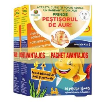 Pachet Pestisori gumati cu Omega 3 si aroma de lamai si portocale, 2 x36 jeleuri, Moller's