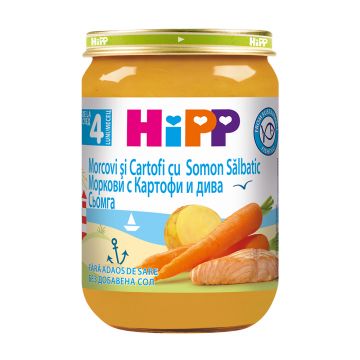 Piure Morcovi si cartofi cu somon salbatic +4 luni, 190g, Hipp