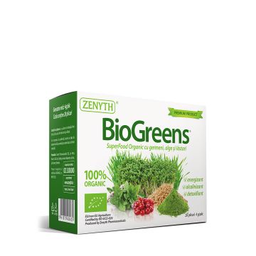 BioGreens, 28 plicuri x 4 g - superfood BIO cu clorofila, germeni, alge si plante verzi pentru energie si detoxifiere