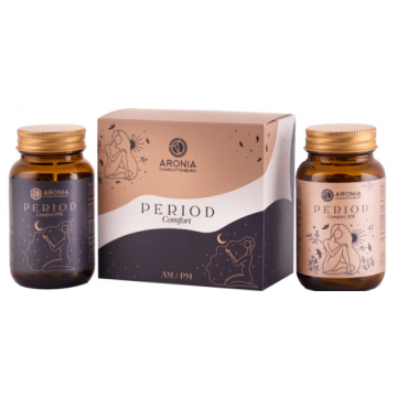 Period Comfort AM  PM - 2 suplimente naturale care reduc disconfortul menstrual si sustin echilibrul hormonal ziua si noaptea