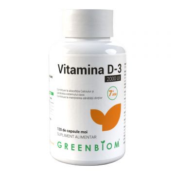Vitamina D3 2000 UI pentru imunitate si sanatatea oaselor - capsule moi,vegetal- 120 capsule