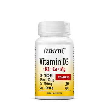 Vitamina D3 + K2 + Ca + Mg Complex, 30 capsule - suport complet pentru oase, muschi si sistemul cardiovascular
