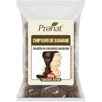 Chipsuri de banane invelite in ciocolata amaruie, 100g, Pronat