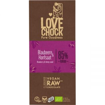 Ciocolata raw vegana cu afine si seminte de canepa, 70g, Lovechock