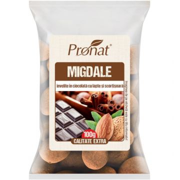 Migdale invelite in ciocolata cu lapte si scortisoara, 100g, Pronat