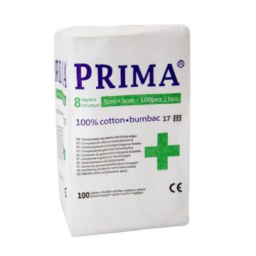 Comprese nesterile din tifon, PRIMA, 8 pliuri, 5x5cm, 100 bucati