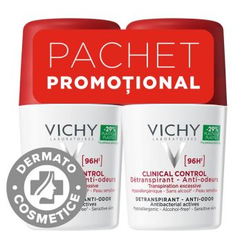 Pachet Deodorant roll-on Clinical Control 96H Antitranspirant, 2 x 50ml, Vichy