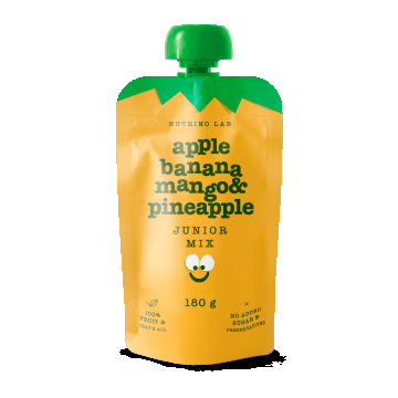Piure pasteurizat din fructe cu mere banane mango si ananas Junior Mix, 180g, Nutrino Lab