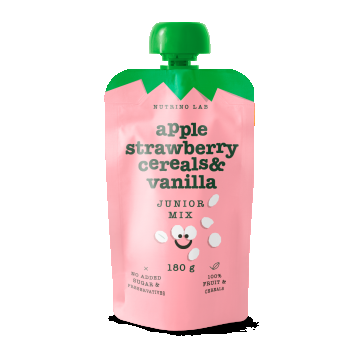 Piure pasteurizat din fructe cu mere capsuni si adaos de cereale vanilie si vitamina C Junior Mix, 180g, Nutrino Lab