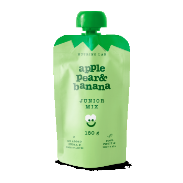 Piure pasteurizat din fructe cu mere pere si banane Junior Mix, 180g, Nutrino Lab