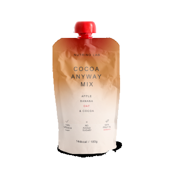 Piure pasteurizat din fructe cu mere si banane cu adaos de ovaz si pudra de cacao, 180g, Nutrino Lab