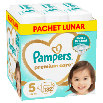 Scutece Premium Care Marimea 5 pentru 11-16 kg, 132 bucati, Pampers