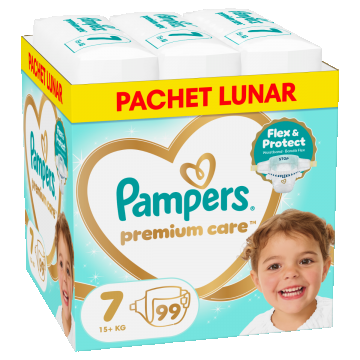 Scutece Premium Care Marimea 7 pentru 15+ kg, 99 bucati, Pampers