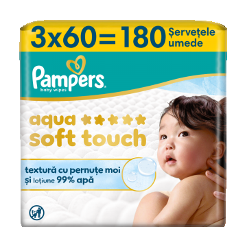 Servetele umede cu 99% apa si lotiune usoara Aqua Soft Touch, 180 bucati, Pampers