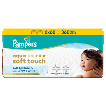 Servetele umede cu 99% apa si lotiune usoara Aqua Soft Touch, 360 bucati, Pampers