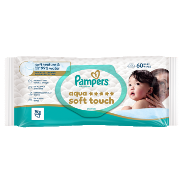 Servetele umede cu 99% apa si lotiune usoara Aqua Soft Touch, 60 bucati, Pampers