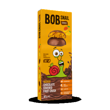 Snack fructat din mango invelit in ciocolata cu lapte, 30g, Bob Snail