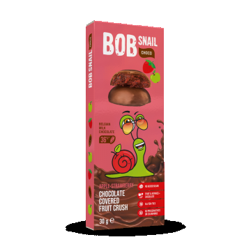 Snack fructat din mere si capsuni in ciocolata cu lapte, 30g, Bob Snail