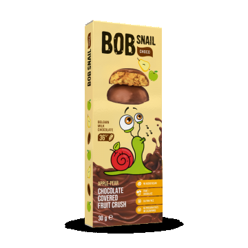 Snack fructat din mere si pere in ciocolata cu lapte, 30g, Bob Snail