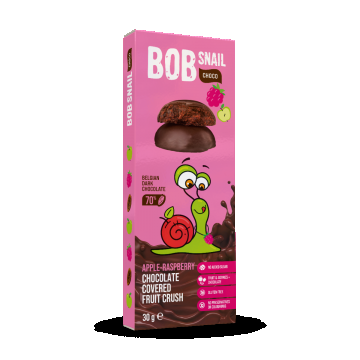 Snack fructat din mere si zmeura in ciocolata neagra, 30g, Bob Snail