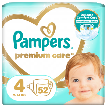 Scutece Premium Care Nr.4 pentru 9-14kg, 52 bucati, Pampers