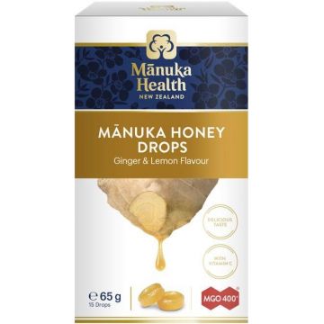 Dropsuri cu miere de Manuka MGO 400 si ghimbir cu lamaie, 65g, Manuka Health