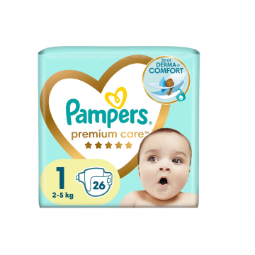 Scutece pentru copii Premium Care 2-5kg Marimea 1, 26 bucati, Pampers