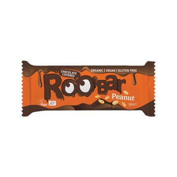 Baton cu arahide invelit in ciocolata Bio, 30g, Roobar Baton cu arahide invelit in ciocolata Bio, 30g, Roobar