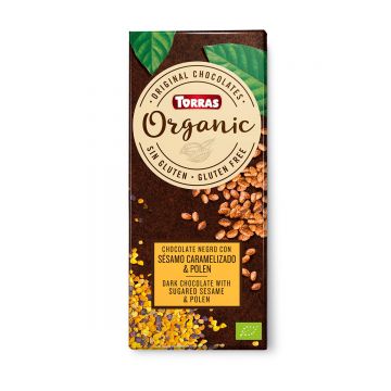 Ciocolata neagra cu seminte de susan si polen fara gluten Organic, 100g, Torras
