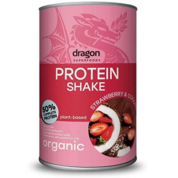 Shake proteic capsuni si cocos 50% proteine bio, 450g, Dragon Superfoods