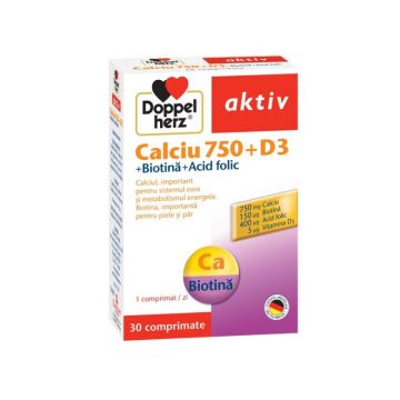 Doppelherz Aktiv Calciu 750 + D3 + Biotina + Acid Folic 30 tablete