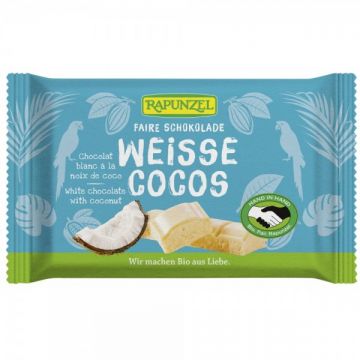 Ciocolata alba bio cu bucatele de cocos Cristalino, 100g, Rapunzel