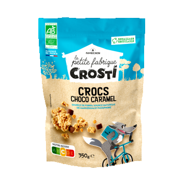 Cereale crocante bio pentru copii cu ciocolata si caramel, 350g, Crosti